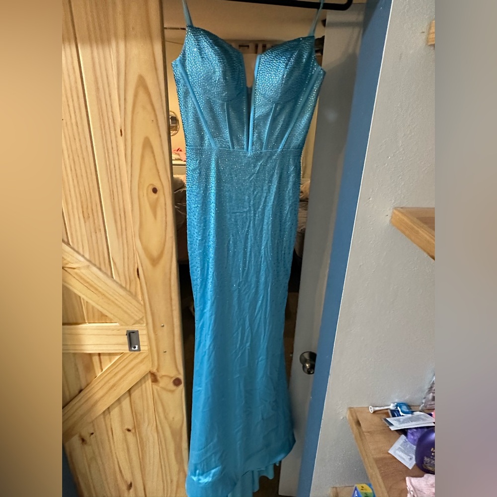 Glittery spaghetti strap blue dress for prom or other formal events. Size 2